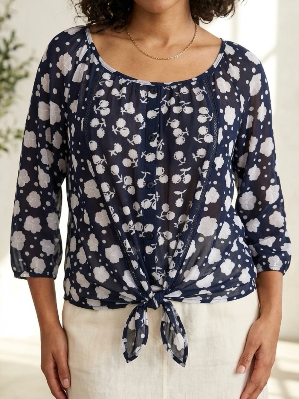 Siren Lily Petite Floral Sheer Tie Front Blouse Blue White PS
